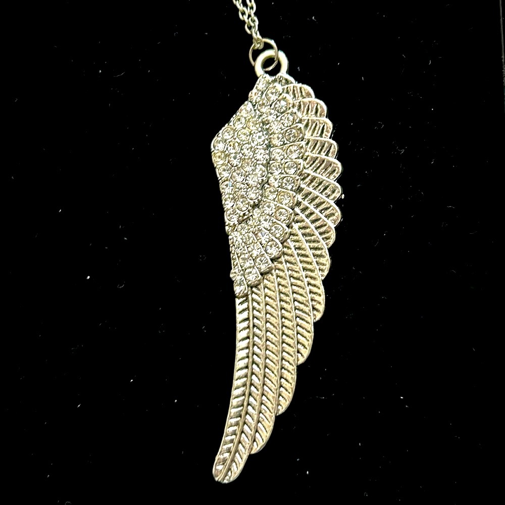 Rhinestone Angel Wing Necklace Silver Statement Glam Lobster Closure